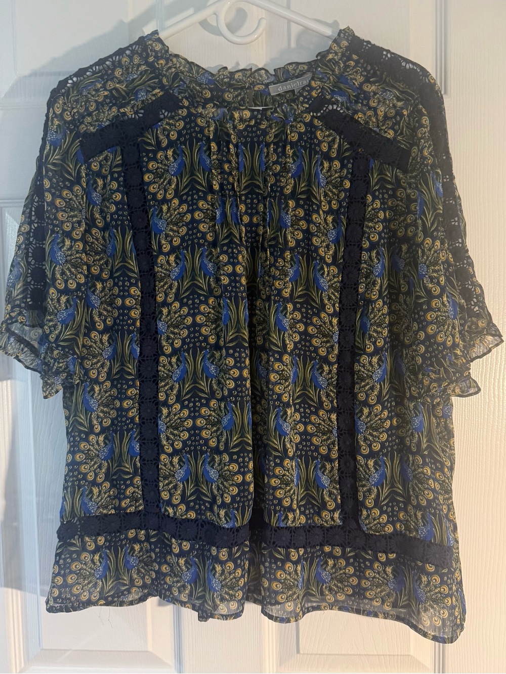 Daniel Rainn Navy Floral Lace-Trim Peasant Blouse
